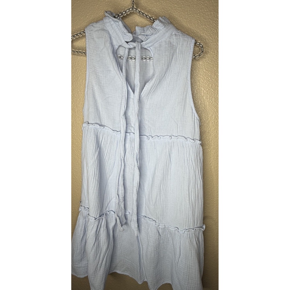 Pomander Place Dress M Blue 100% Cotton Gauze Tiered Tie Neck Sleeveless Boho